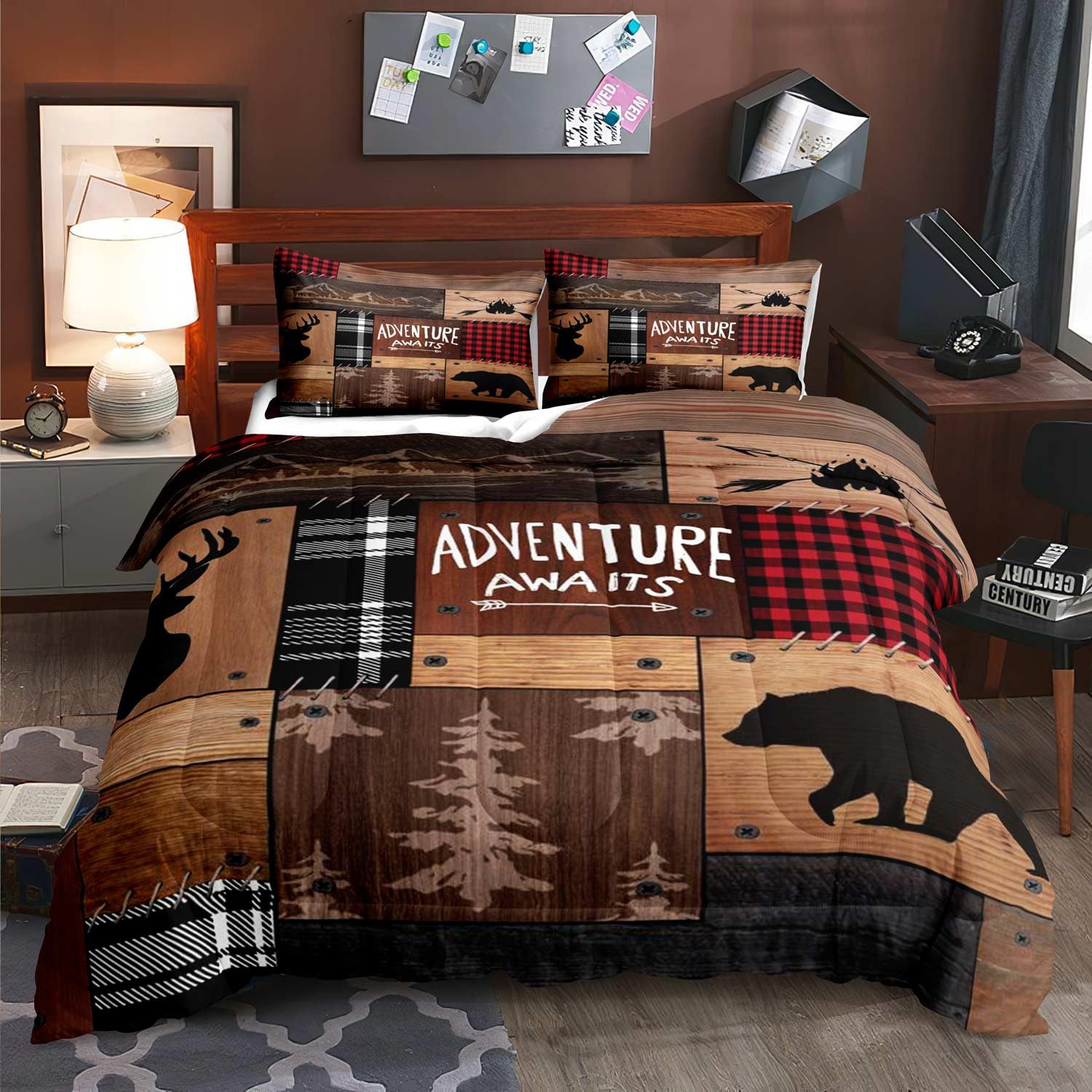 Luvivihome 3Pcs Rustic Cabin Comforter Set Queen Size, Farmhouse Bedding, Black Bear Deer Elk Moose Forest Animal Wildlife Hunti